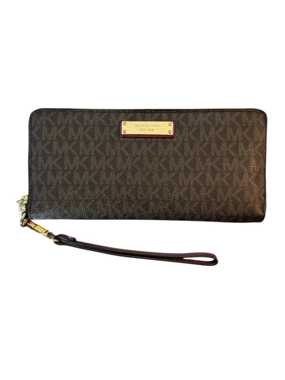 Michale Kors Signature Monogram Jet Set Leather Brown Burgundy Wristlet Wallet